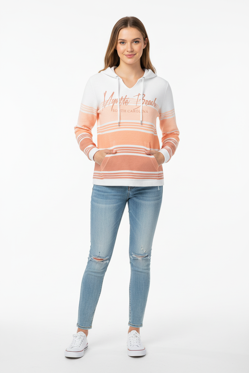 Female model front view wearing striped Myrtle Beach hoodie