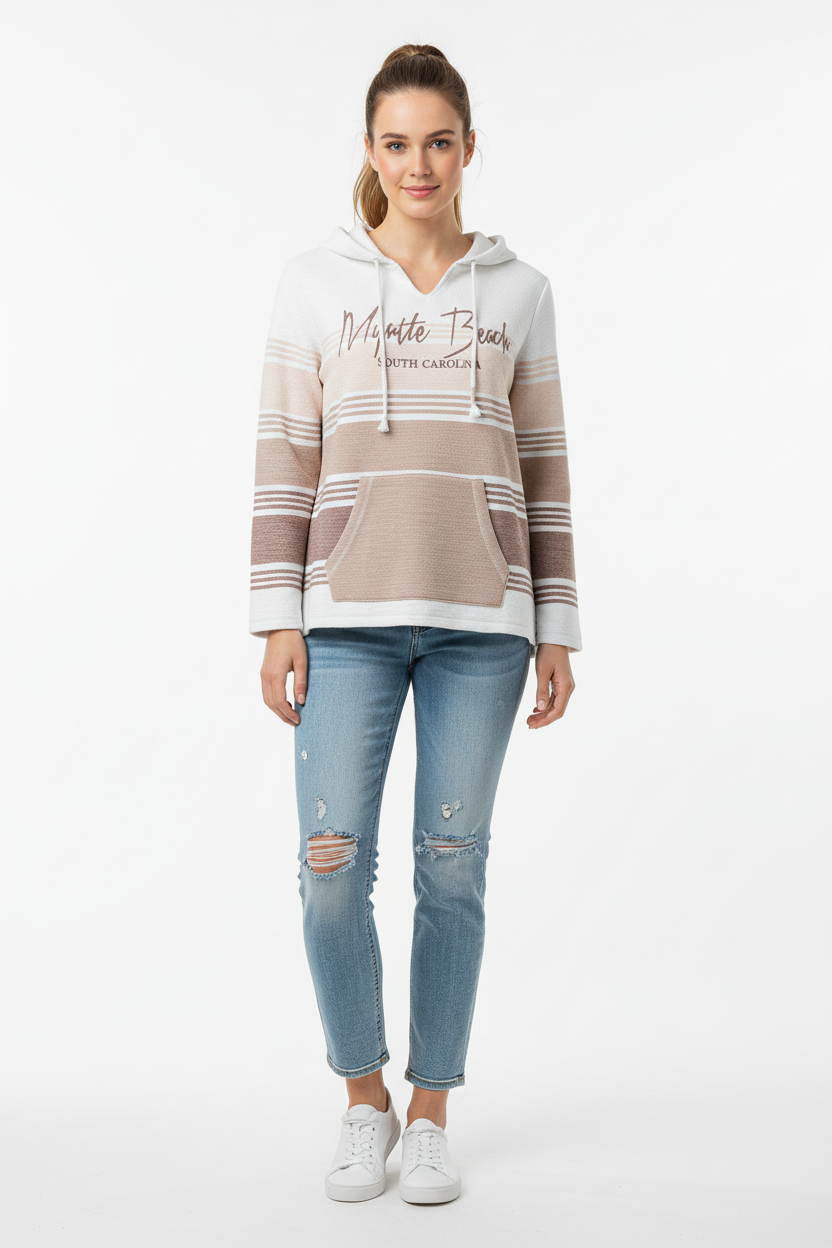 Female model front view wearing striped Myrtle Beach hoodie