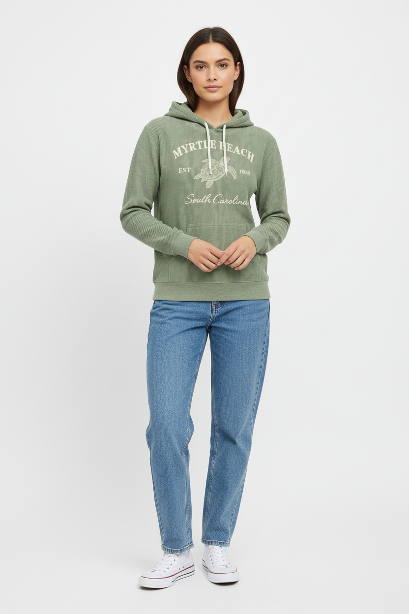 Female model in olive green Myrtle Beach hoodie full-length