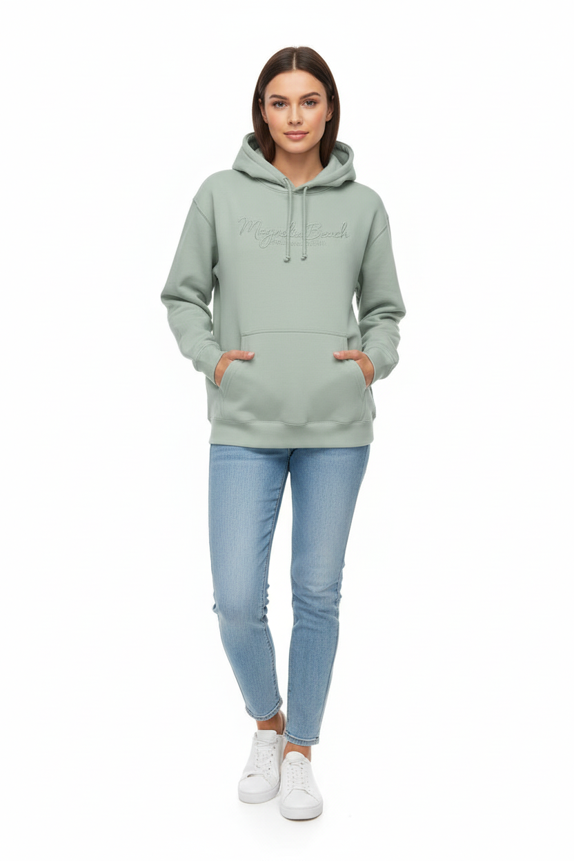 Female model wearing hoodie