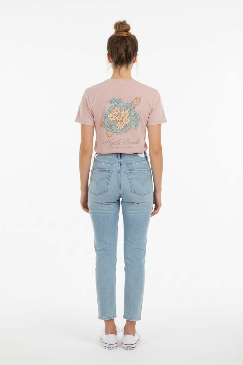 Full body shot of blush turtle t-shirt