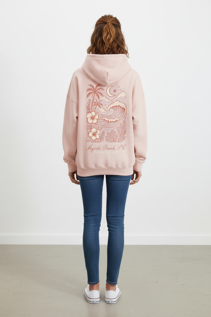 Full-length back view of Myrtle Beach blush hoodie on female model
