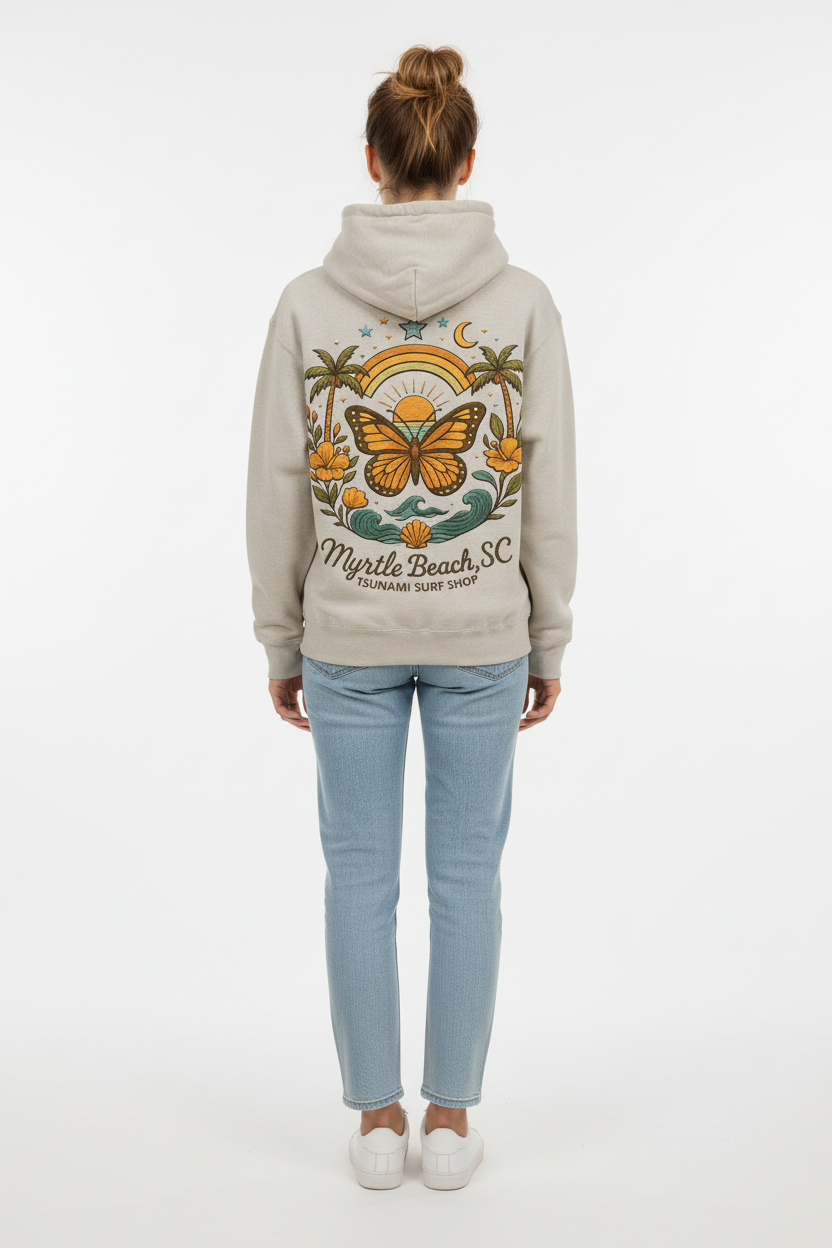 Full-length back view of Myrtle Beach butterfly hoodie on female model