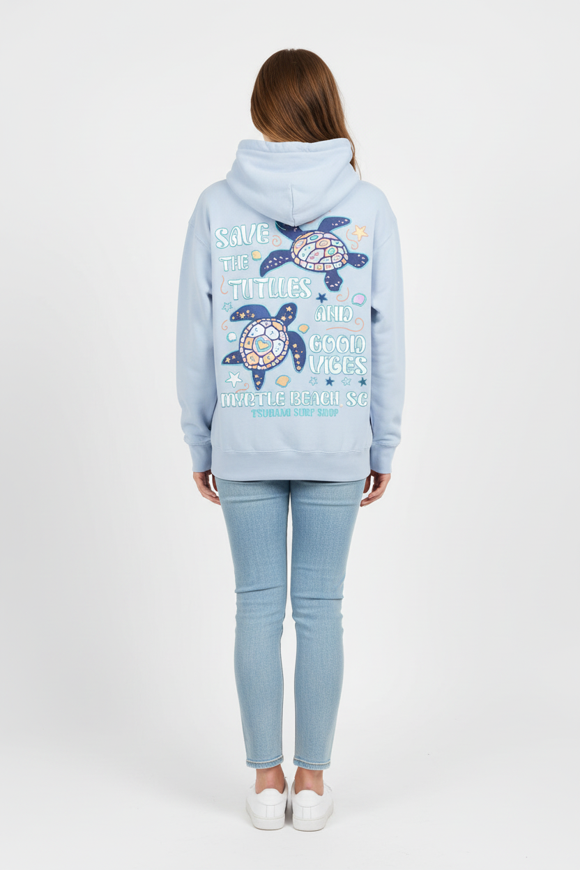 Full-length back view of Save The Turtles ice blue hoodie on female model
