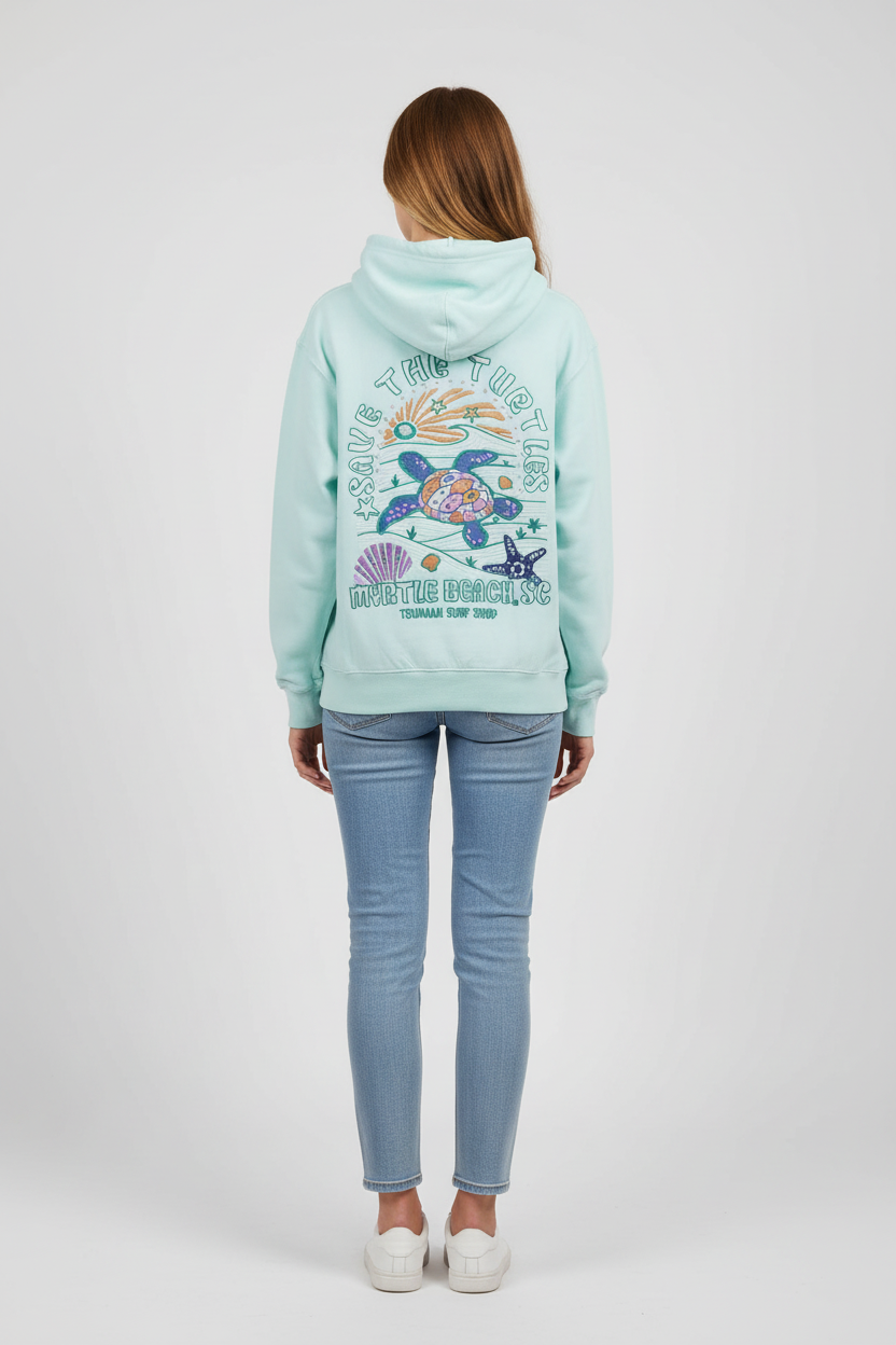 Full-length back view of Save The Turtles mint hoodie on female model