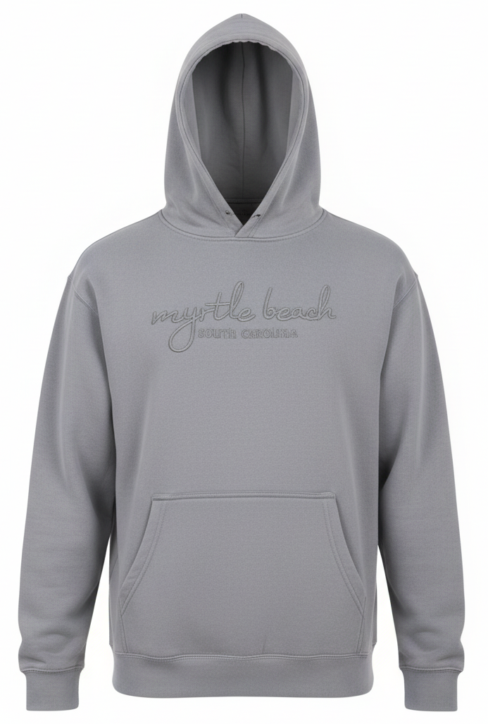 Aloe Grey Embroidery Garment Dye Pullover Hoodie Cursive Front Myrtle Beach
