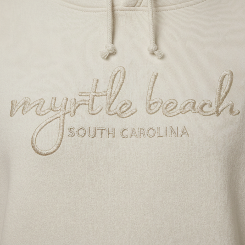 Sand Embroidery Garment Dye Pullover Hoodie Cursive Front Myrtle Beach