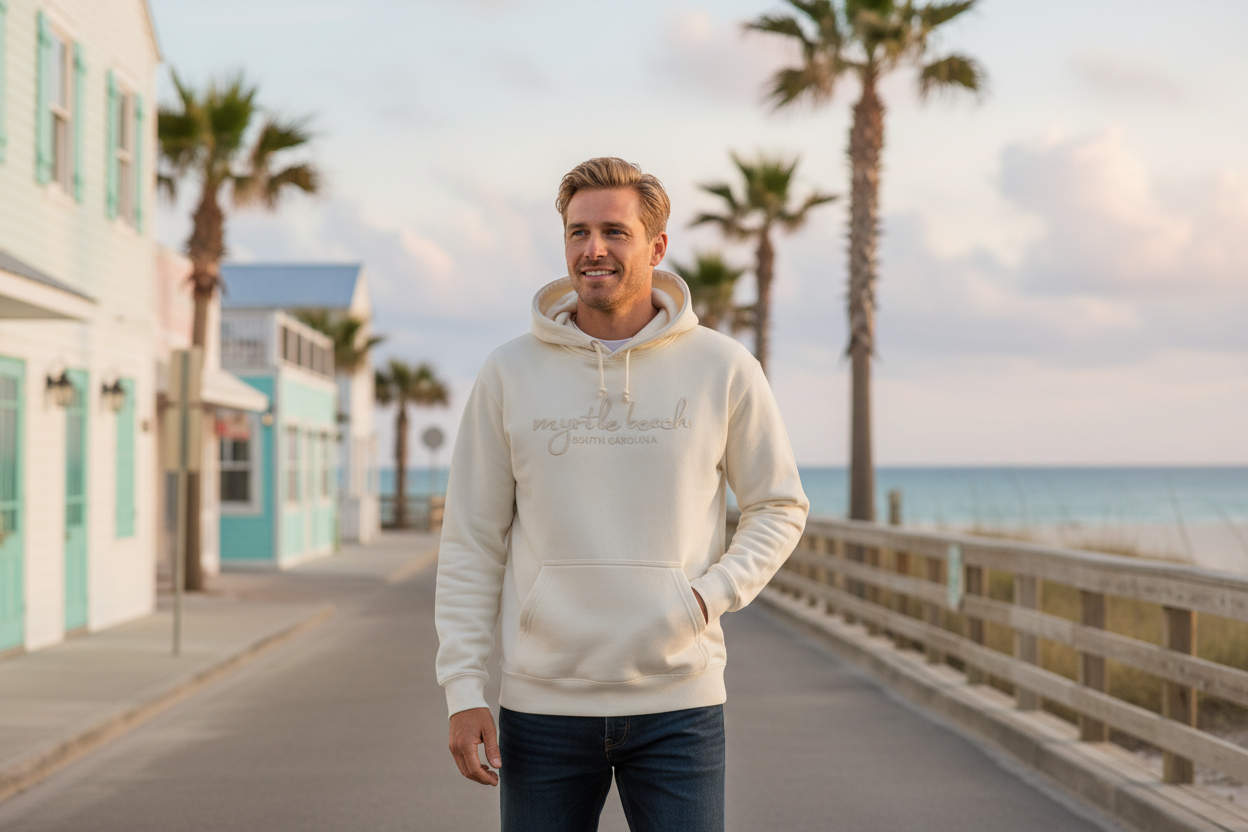 Sand Embroidery Garment Dye Pullover Hoodie Cursive Front Myrtle Beach