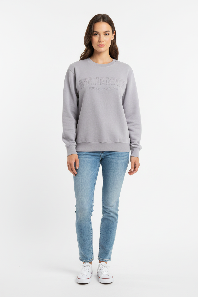 Silver Burnout Crewneck Sweatshirt Embroidery w/Applique , Myrtle beach