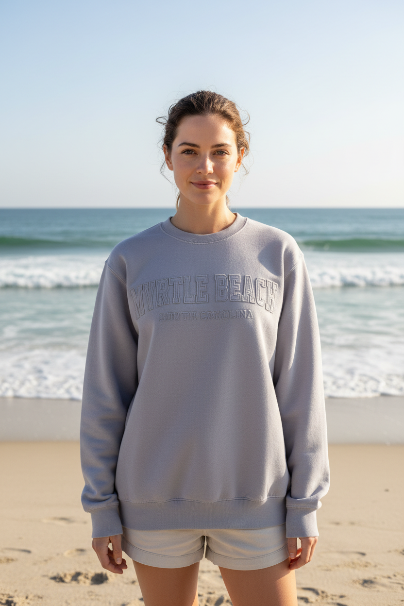 Silver Burnout Crewneck Sweatshirt Embroidery w/Applique , Myrtle beach