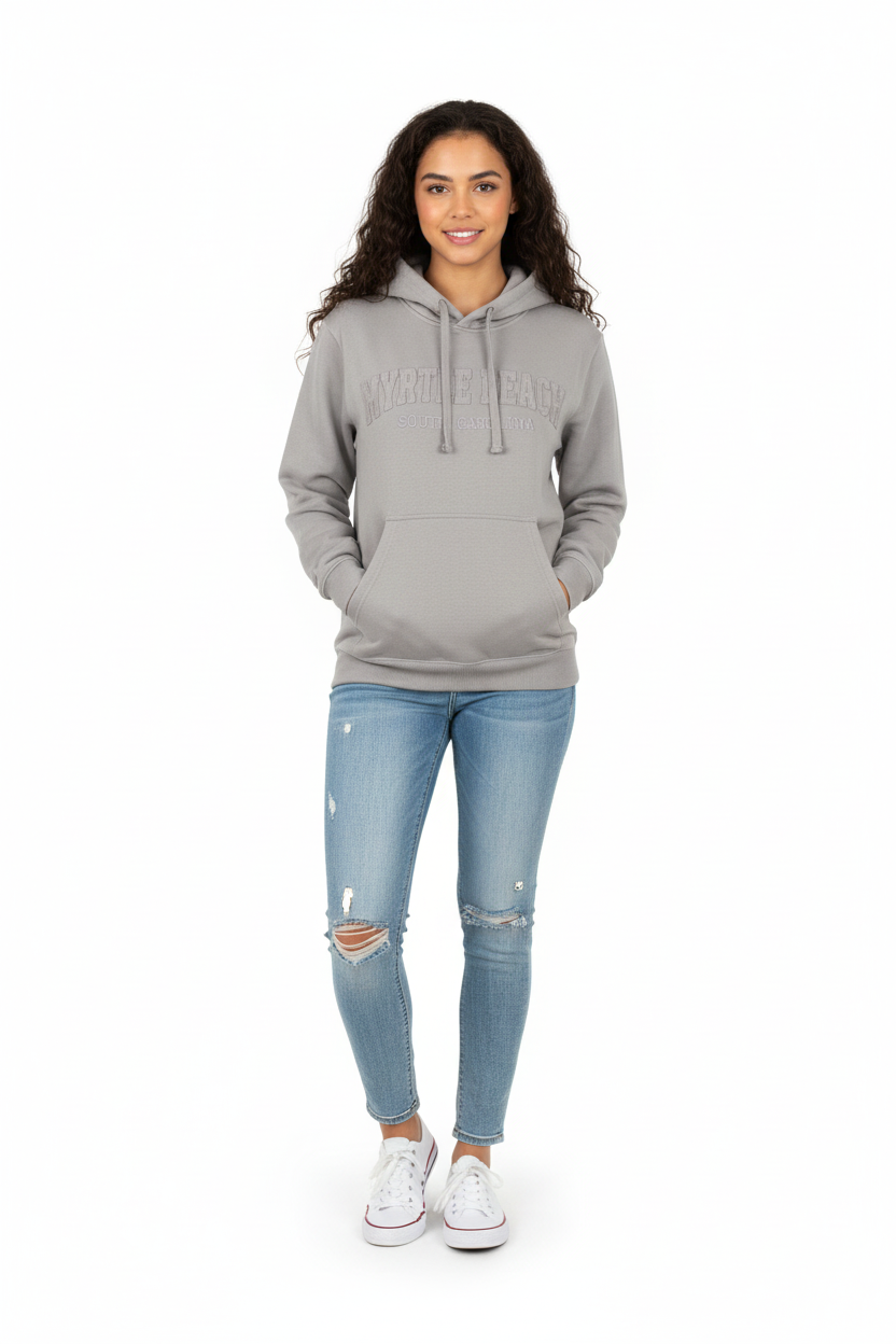 Gray hoodie on female model full body