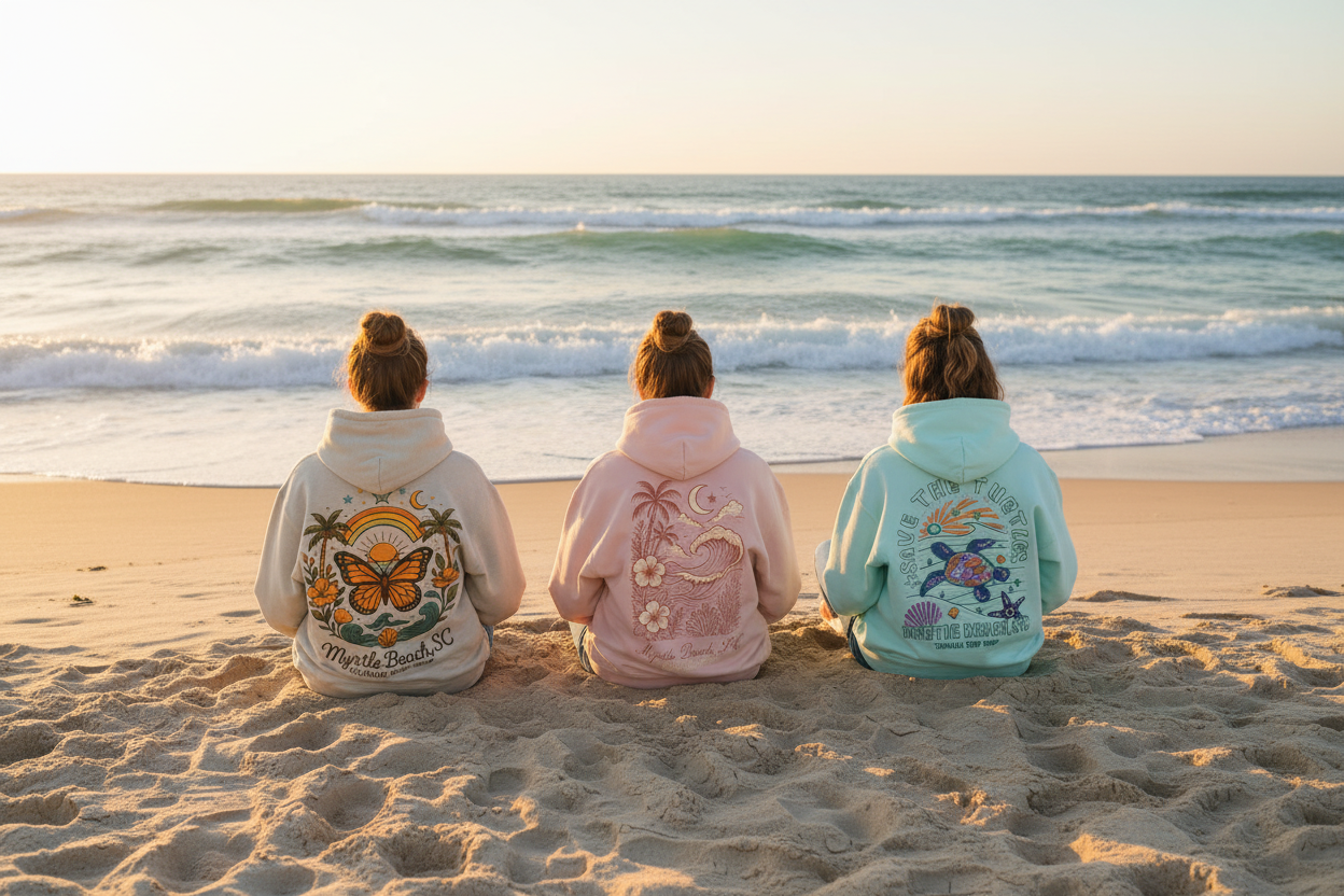 Group shot of three hoodies on beach
