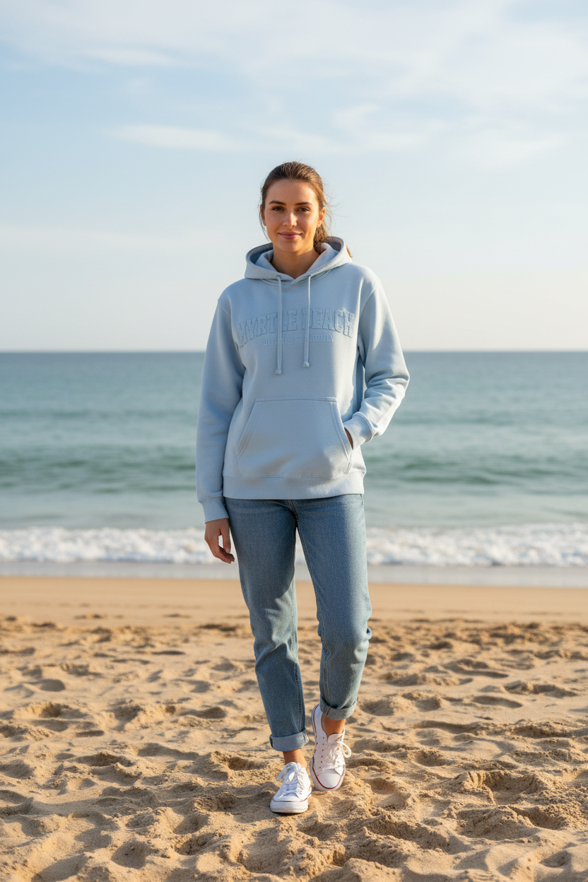 Ice blue hoodie model beach view