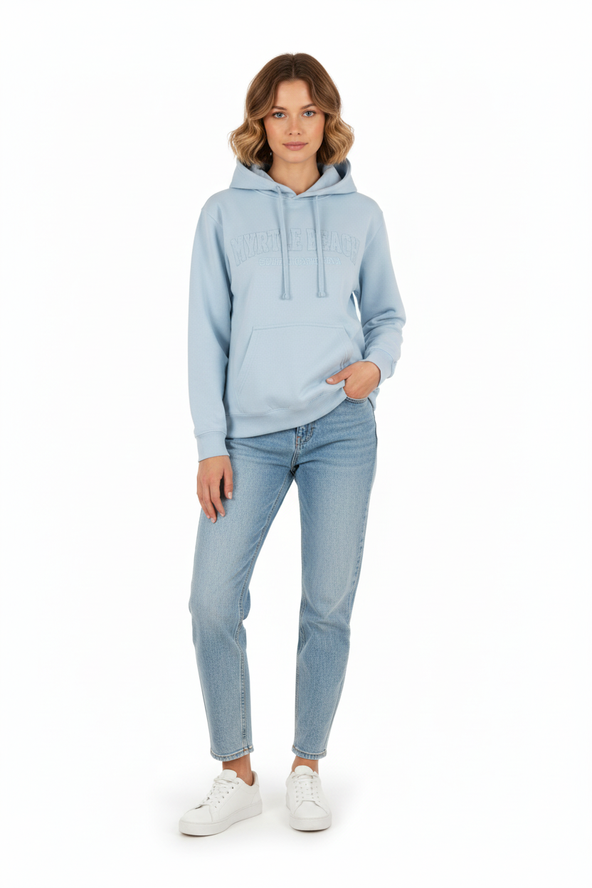 Ice blue hoodie on female model full body
