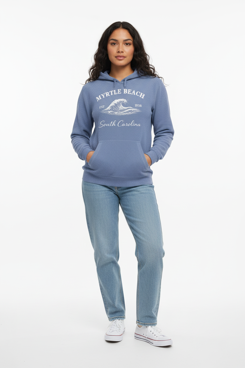 Latina female model in denim blue Myrtle Beach hoodie full-length