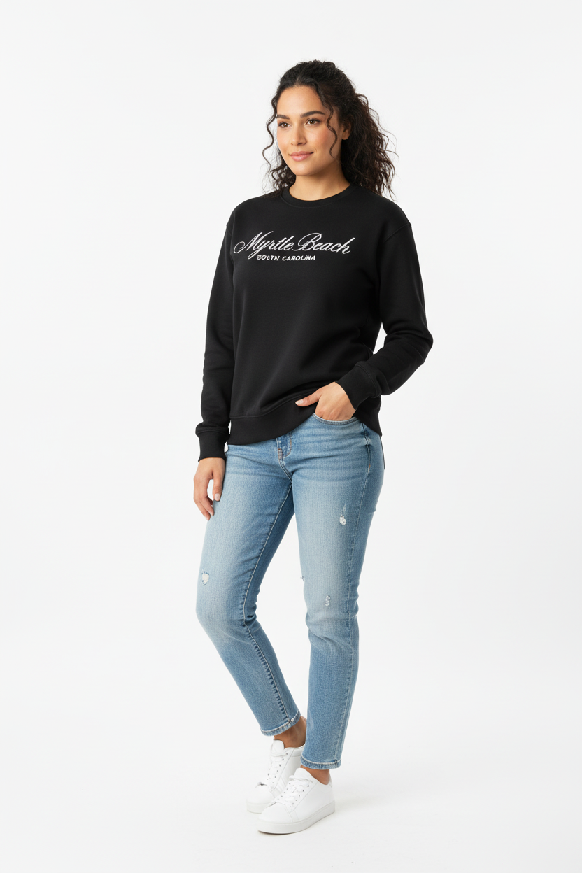 Latina model in black crewneck front-left view