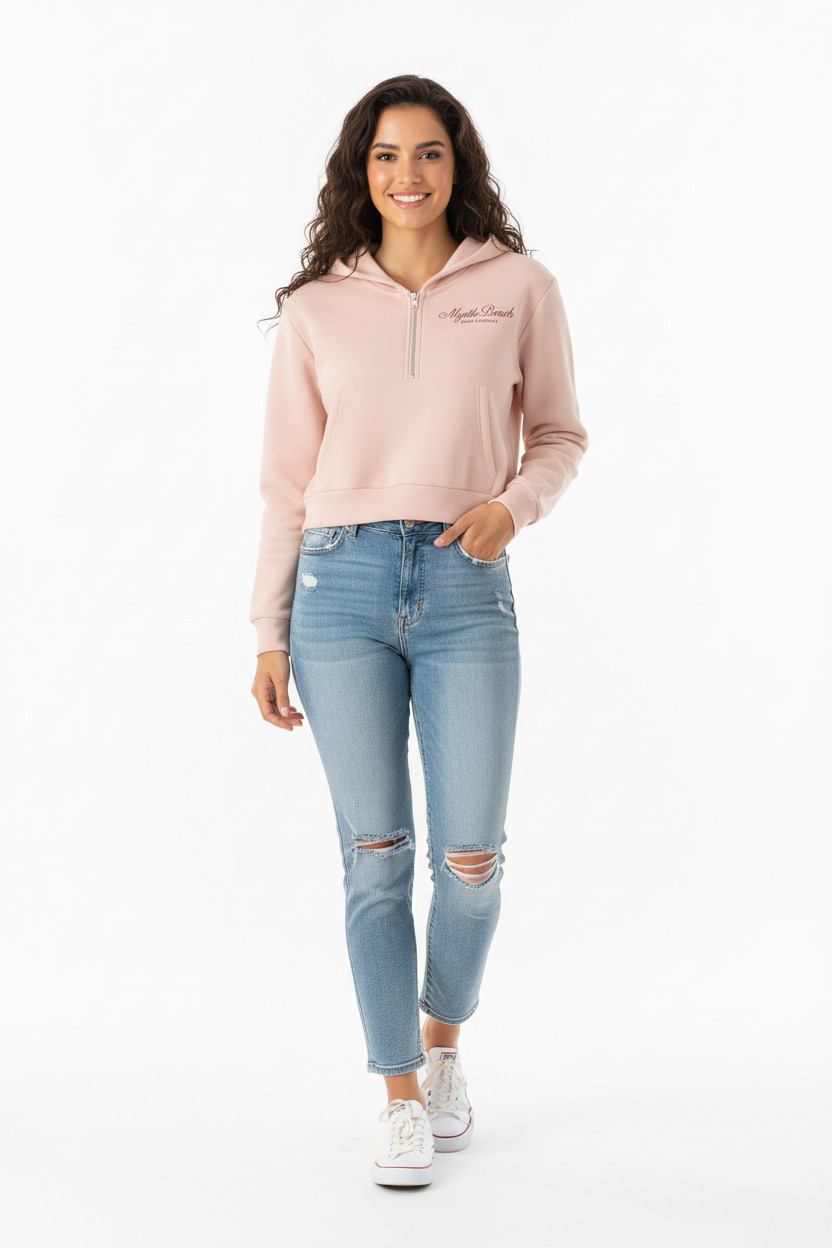 Latina model in blush hoodie full length