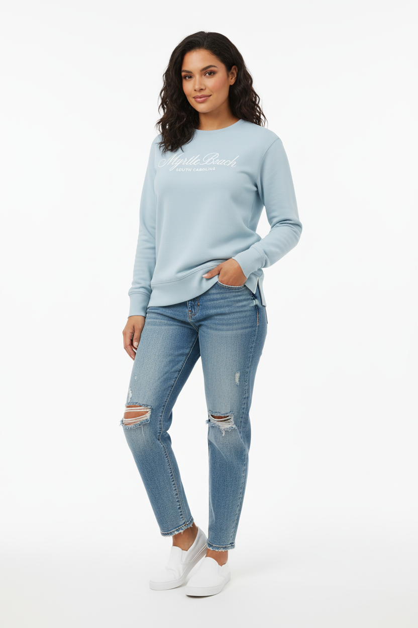 Latina model in light blue crewneck front-left view