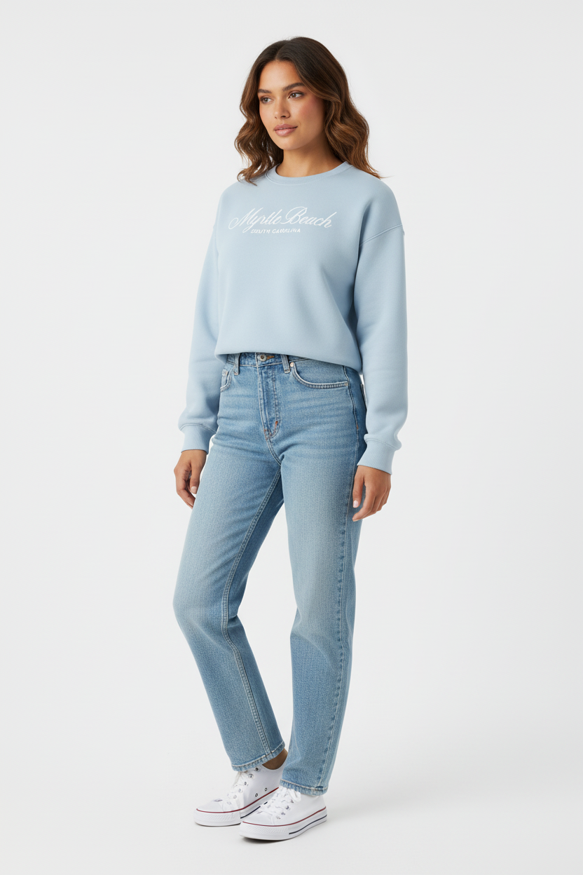 Latina model in light blue cropped crewneck front-left view