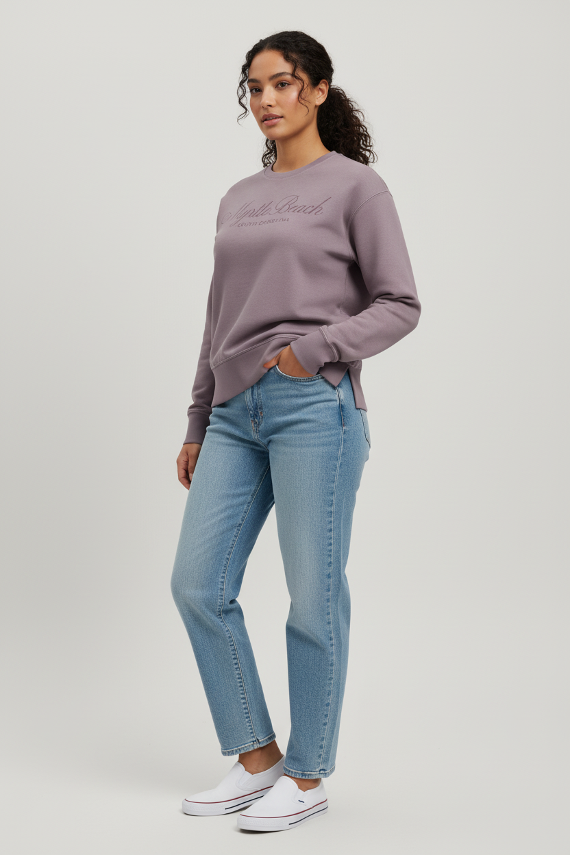 Latina model in lilac crewneck front-left view