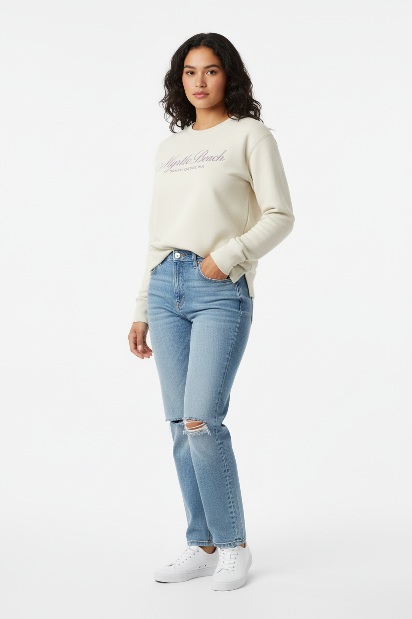 Latina model in sand crewneck front-left view