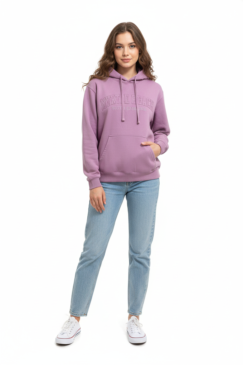Lavender hoodie on female model full body