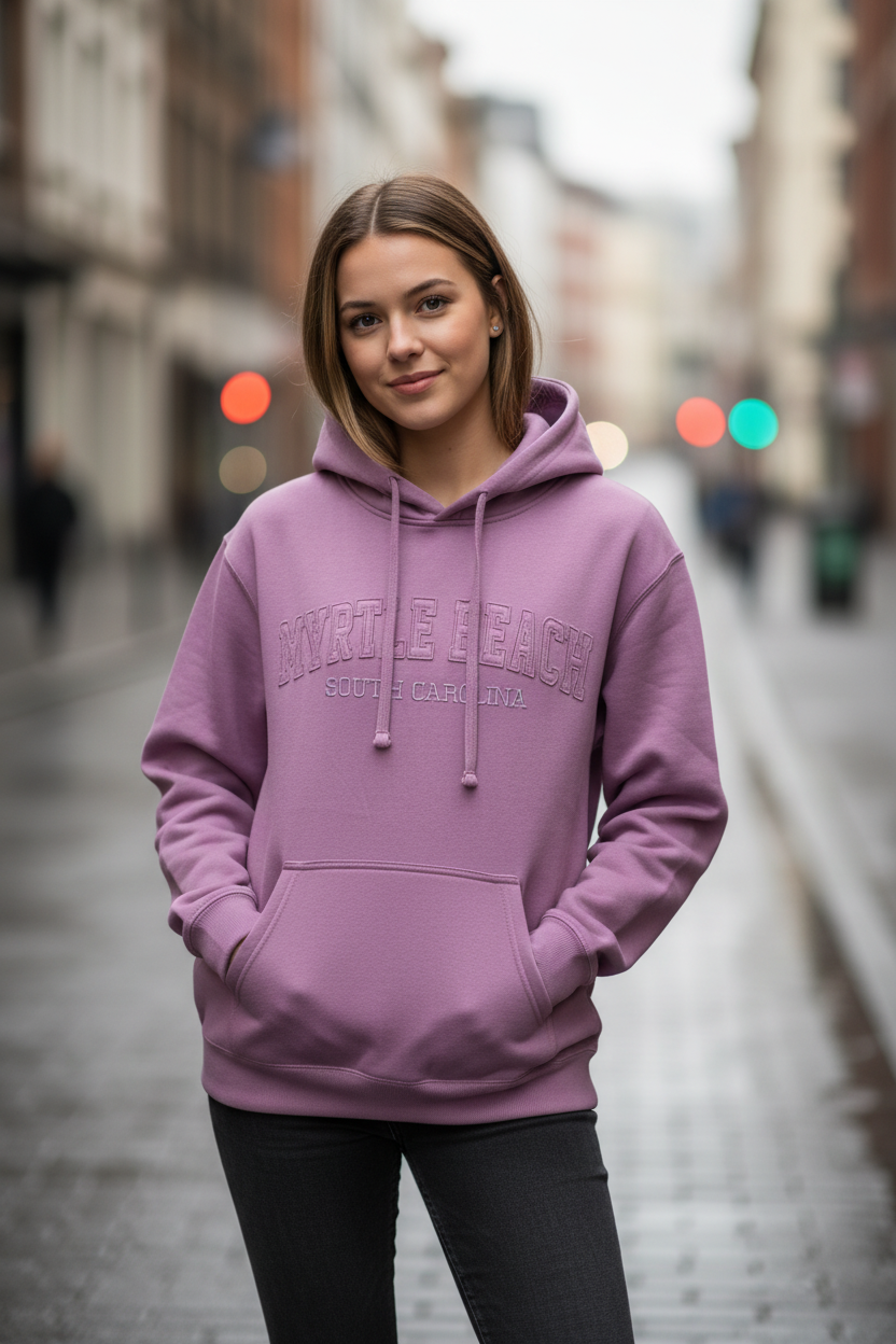 Lavender hoodie street lifestyle model