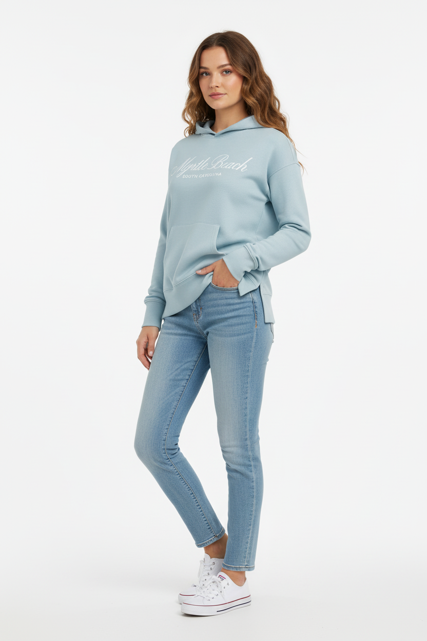 Light blue hoodie front-right angle with hand in pocket