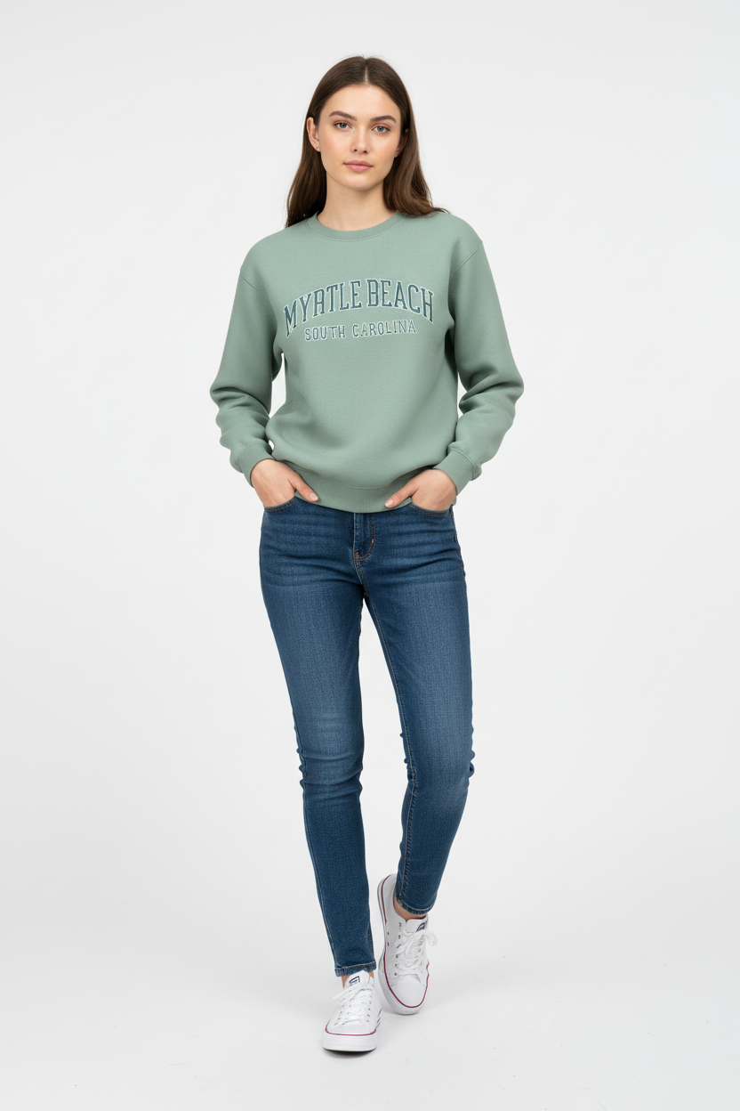 Light green sweatshirt full-length model shot