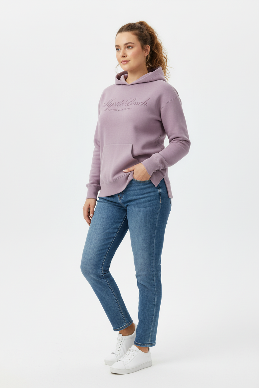 Lilac hoodie front-right angle with hand in pocket