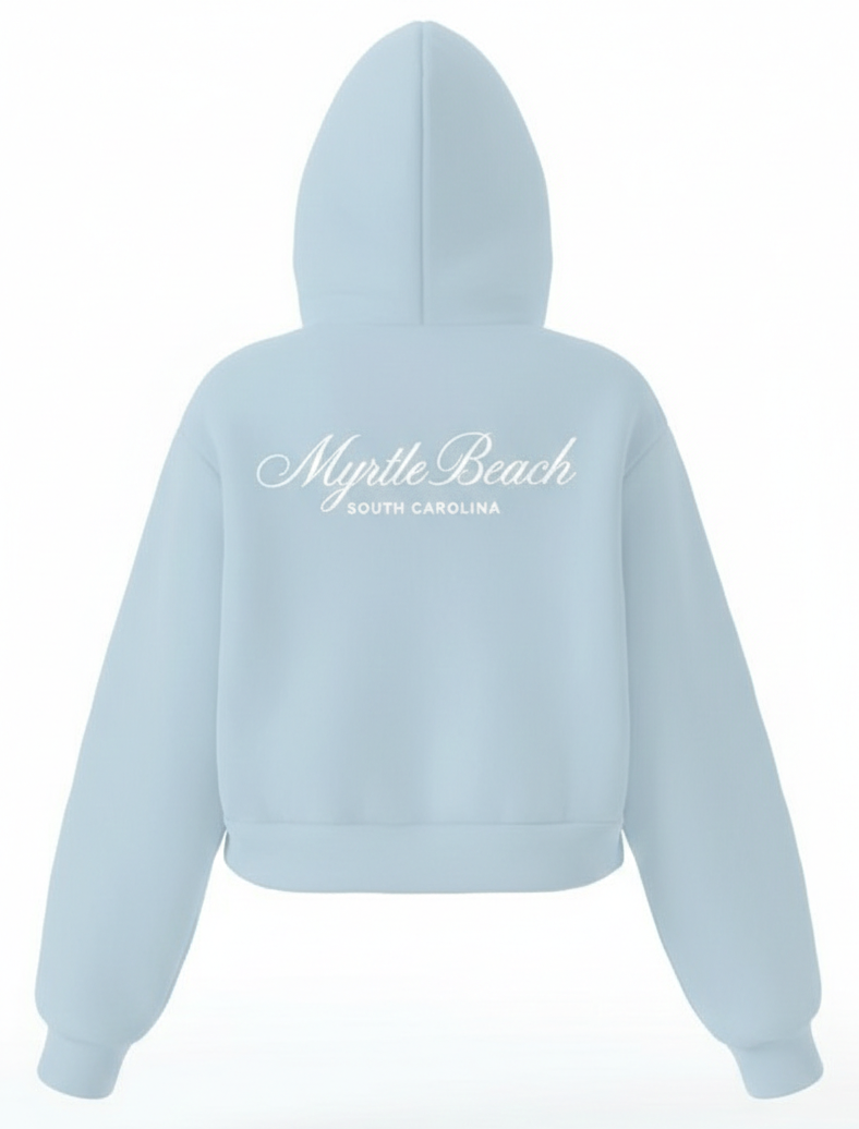 Light Blue Scuba Hoodie Crop Top Quarter Zip SP FB ,Myrtle Beach