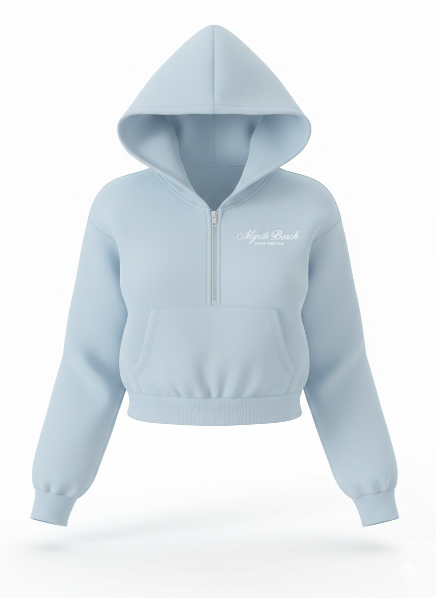 Light Blue Scuba Hoodie Crop Top Quarter Zip SP FB ,Myrtle Beach