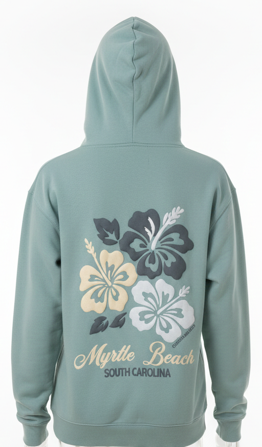 Light Green Hoodie Sweatshirt Puff Decal FB ,Myrtle Beach