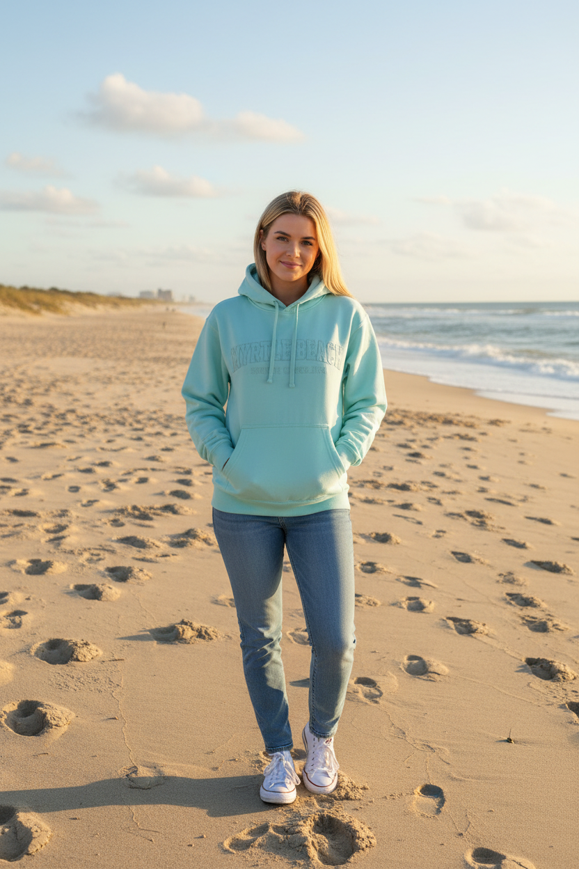 Mint green hoodie model beach view