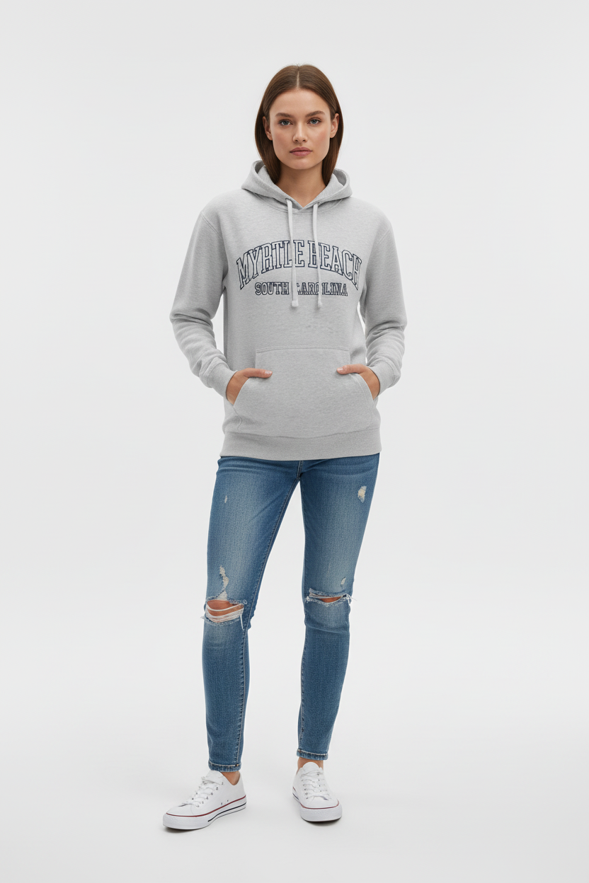 Myrtle Beach ash gray hoodie on model