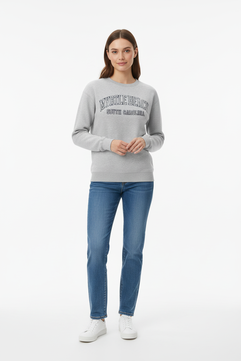 Myrtle Beach ash gray sweatshirt on model