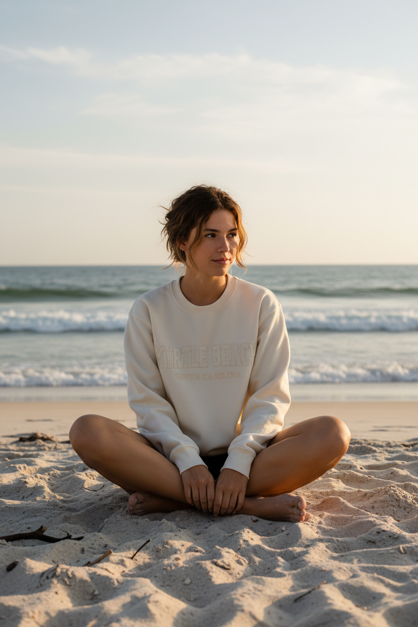 Sand Burnout Crewneck Sweatshirt Embroidery w/Applique , Myrtle beach