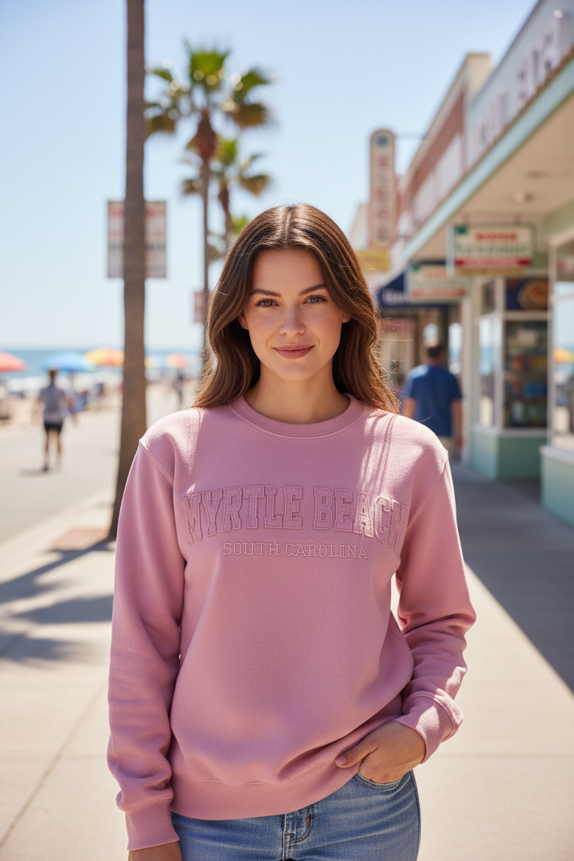 Dusty Rose Burnout Crewneck Sweatshirt Embroidery w/Applique , Myrtle beach