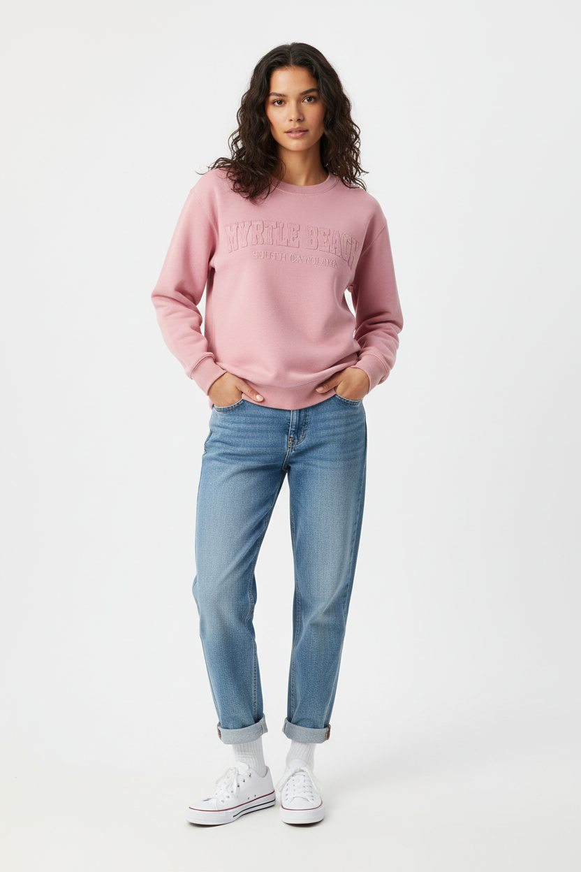 Dusty Rose Burnout Crewneck Sweatshirt Embroidery w/Applique , Myrtle beach