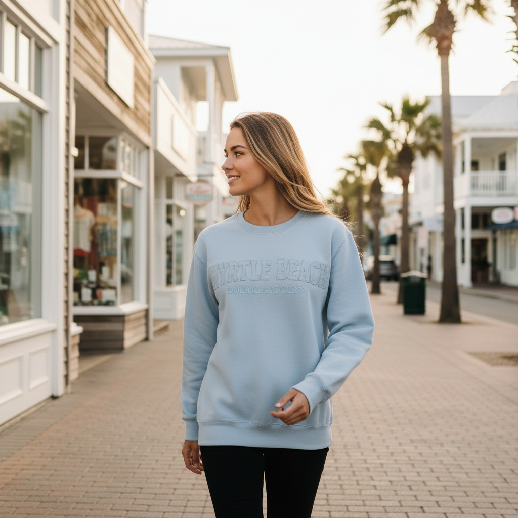 Ice Blue Burnout Crewneck Sweatshirt Embroidery w/Applique , Myrtle beach