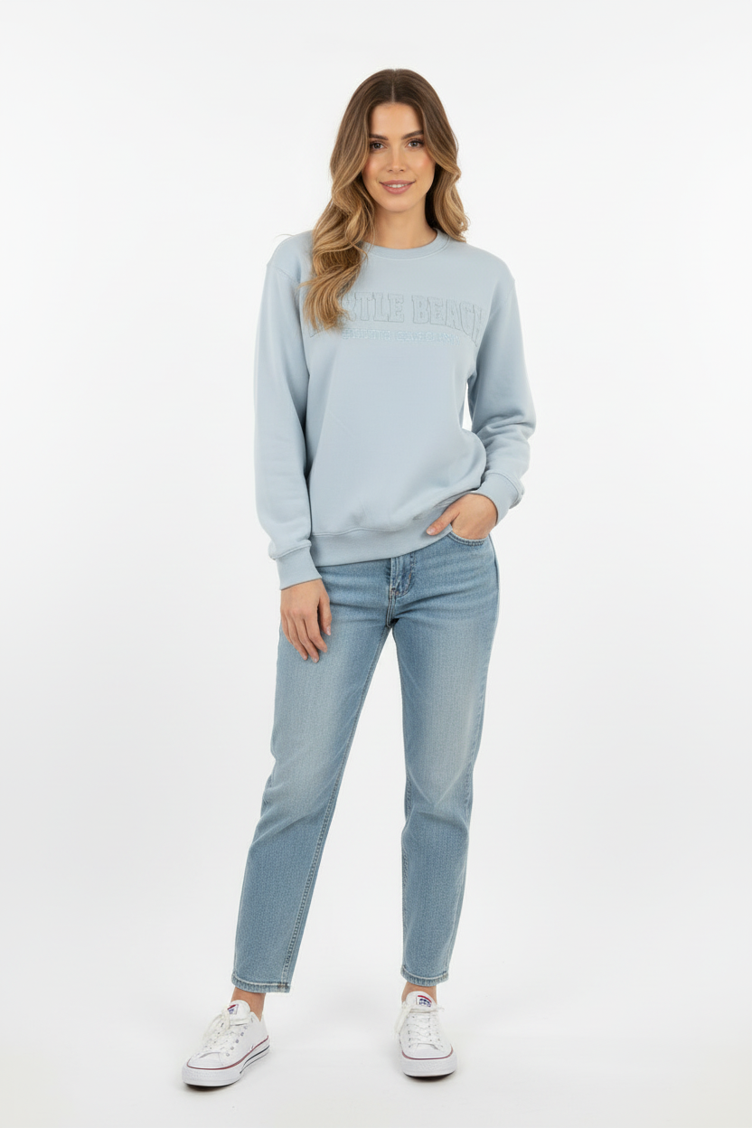 Ice Blue Burnout Crewneck Sweatshirt Embroidery w/Applique , Myrtle beach