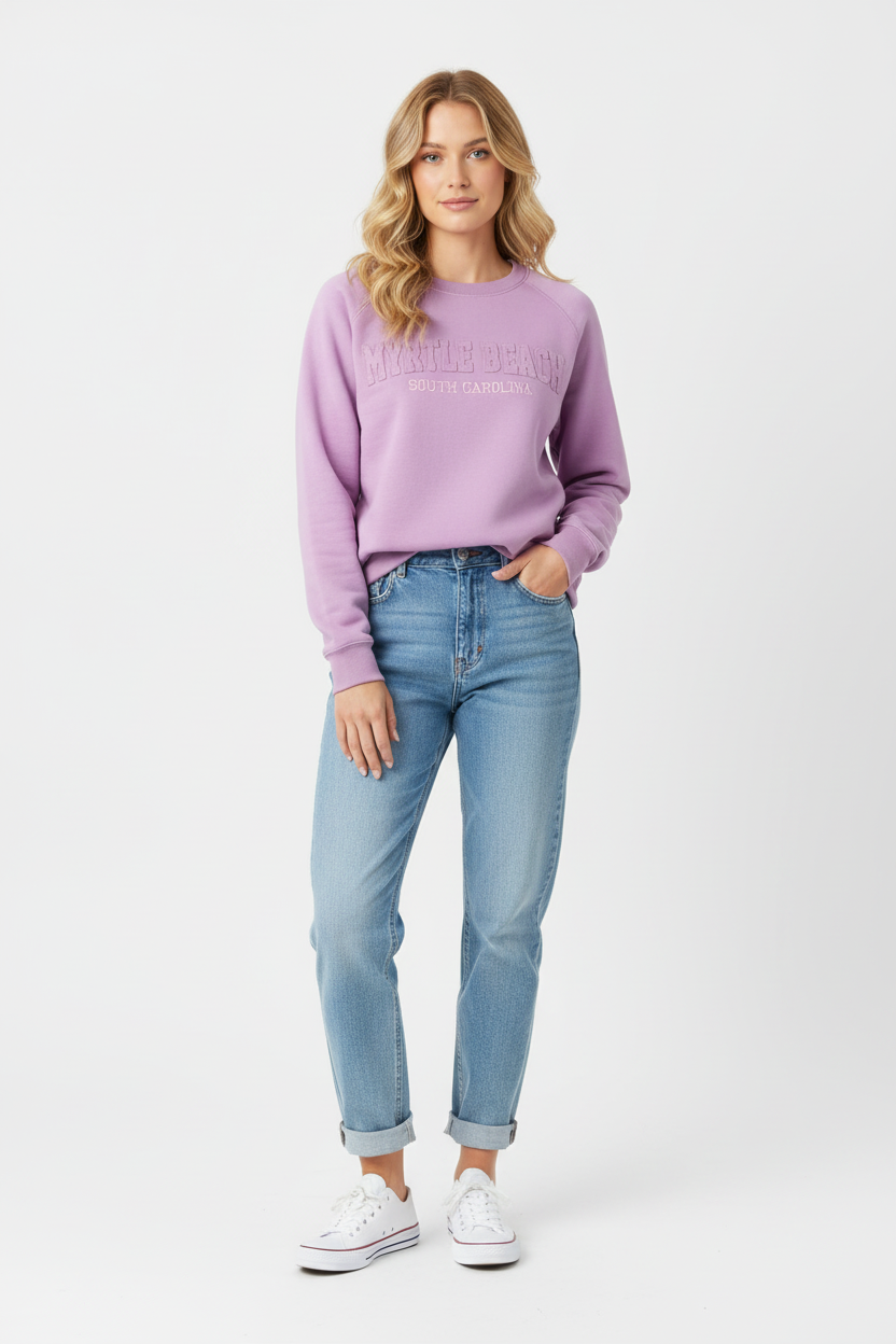 Lavender Burnout Crewneck Sweatshirt Embroidery w/Applique , Myrtle beach