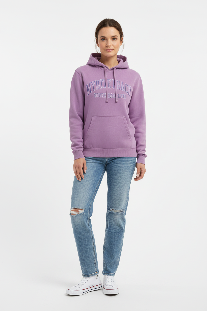 Myrtle Beach lavender hoodie on model