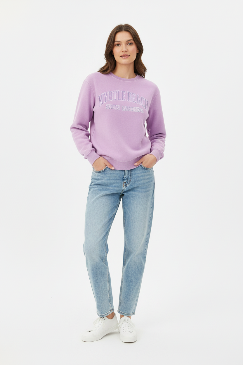 Myrtle Beach lavender sweatshirt on model