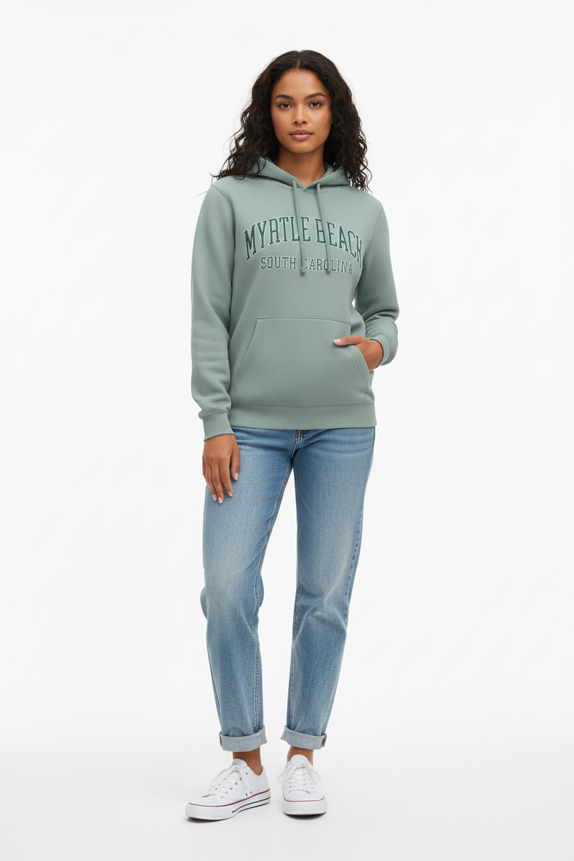 Myrtle Beach light green hoodie on model