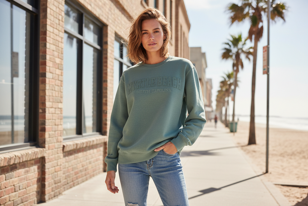 Myrtle Beach sage crewneck front view invisible model