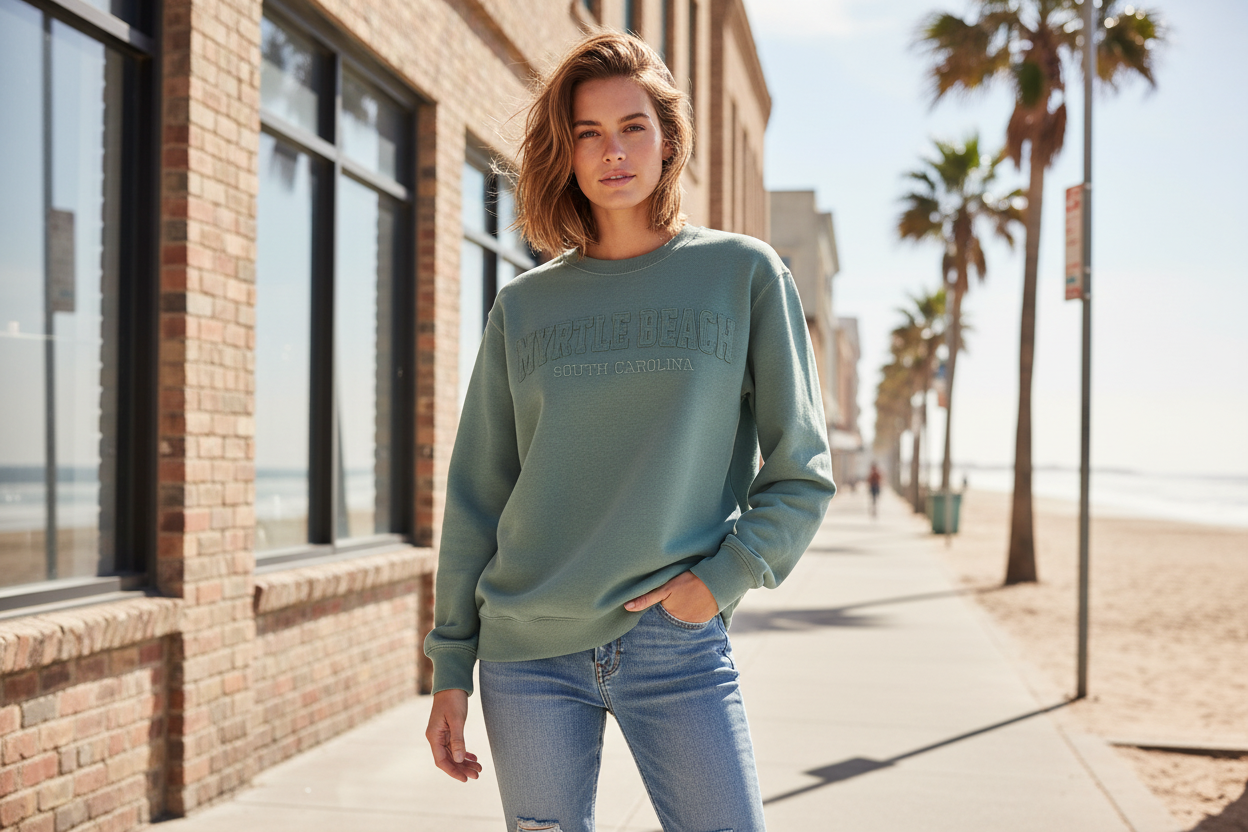 Myrtle Beach sage crewneck front view invisible model