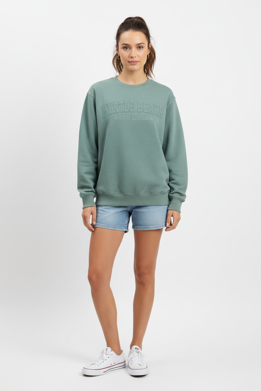 Light Green Burnout Crewneck Sweatshirt Embroidery w/Applique , Myrtle beach
