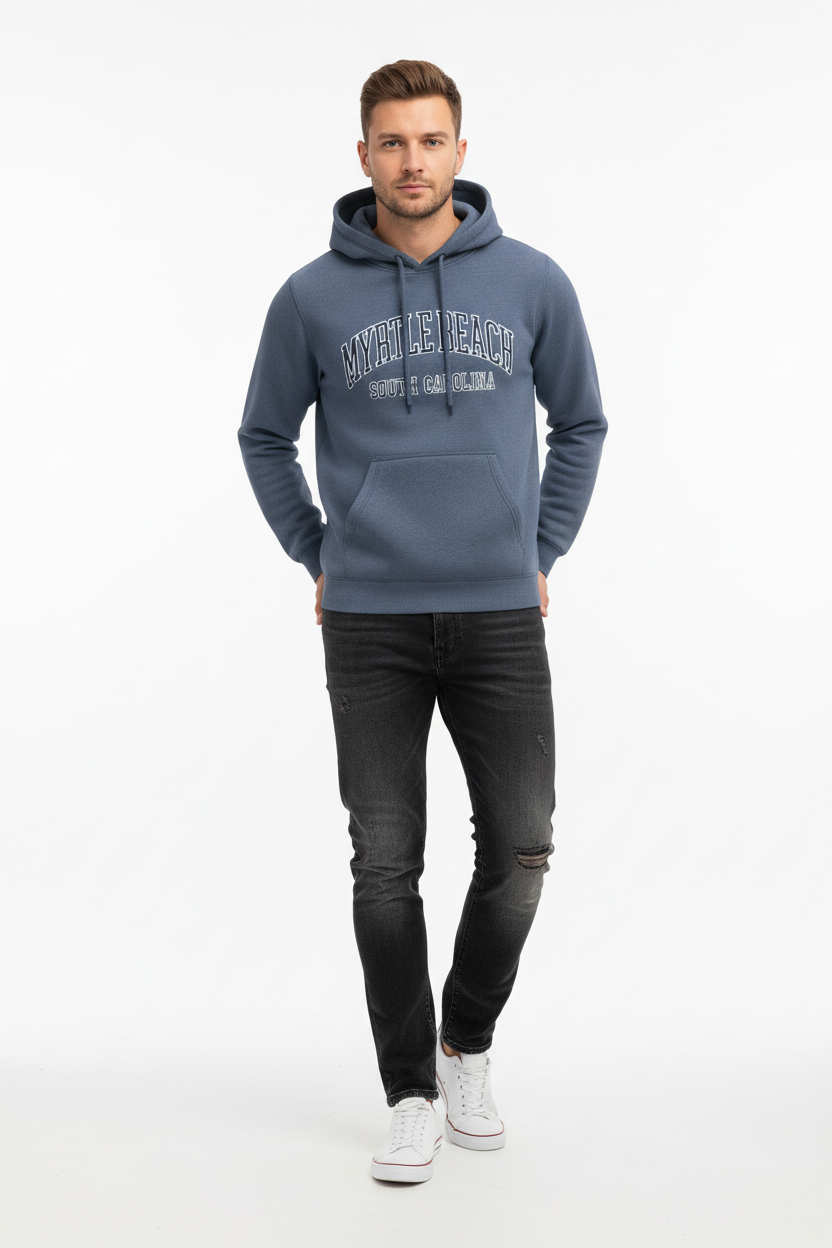 Myrtle Beach slate blue hoodie on model