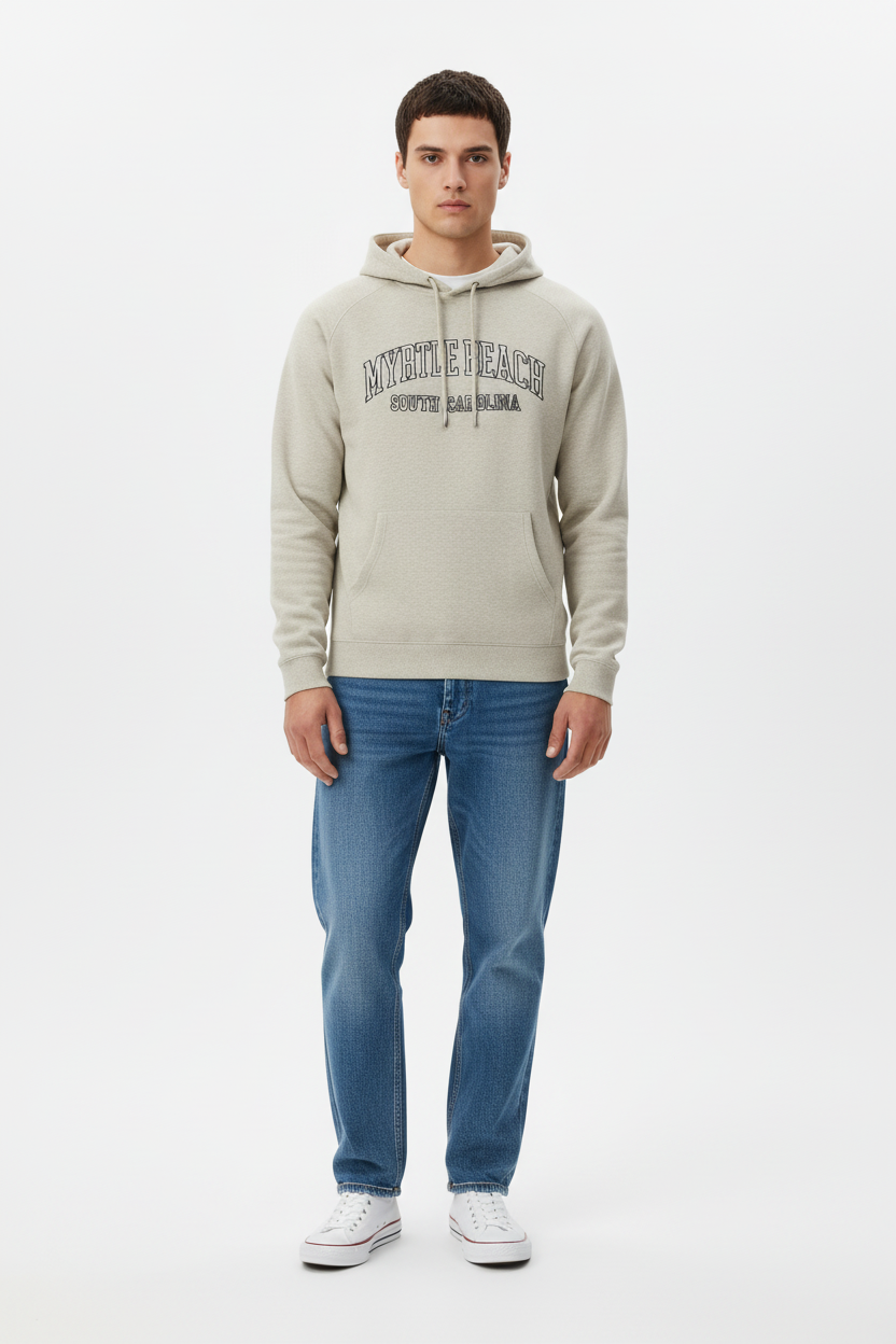 Oatmeal hoodie on model full body